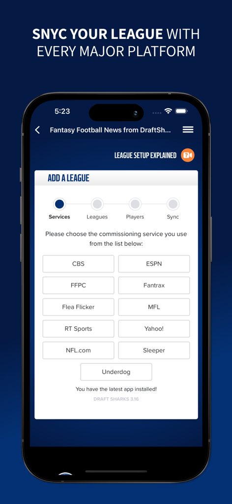 Draft Sharks Fantasy Football - A mobile interface for the Draft Sharks app showing options to sync fantasy football leagues from major platforms like ESPN, Yahoo, and NFL.com.