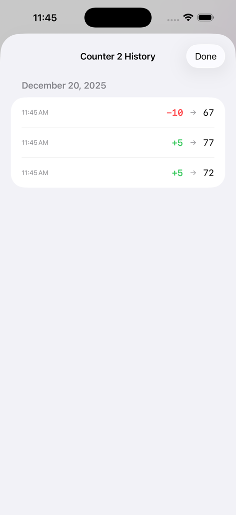 Counter on Me - History view of a tally counter showing recent value changes and timestamps