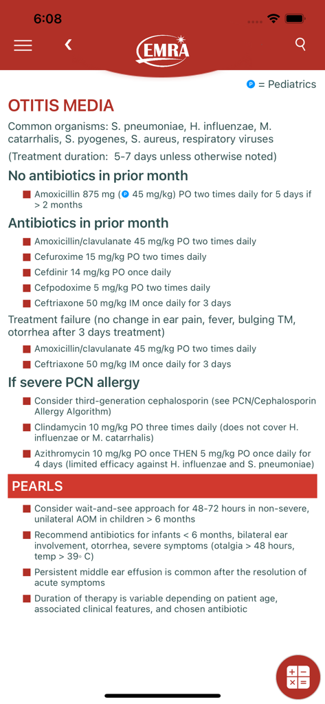 EMRA Antibiotic Guide - EMRA Antibiotic Guide mobile app showing clinical treatment recommendations for Otitis Media with antibiotic dosages and clinical pearls.