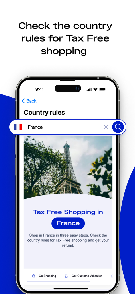 Global Blue - Shop Tax Free - Global Blue app screen displaying tax free shopping rules for France with an image of the Eiffel Tower