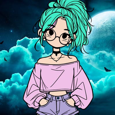 girl with a messy ponytail glasses a baggy crop top and jean shorts