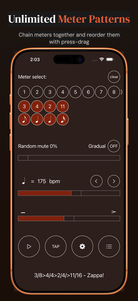 Time Guru Metronome app interface showing a sequence of complex meter patterns and tempo settings