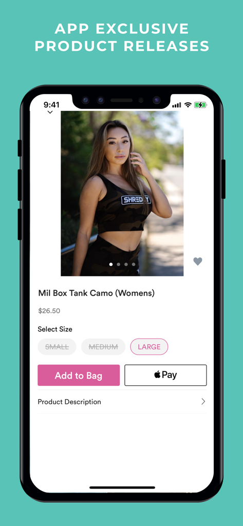 Shreddy - Shreddy app product page for a women's camouflage tank top featuring sizes and Apple Pay checkout