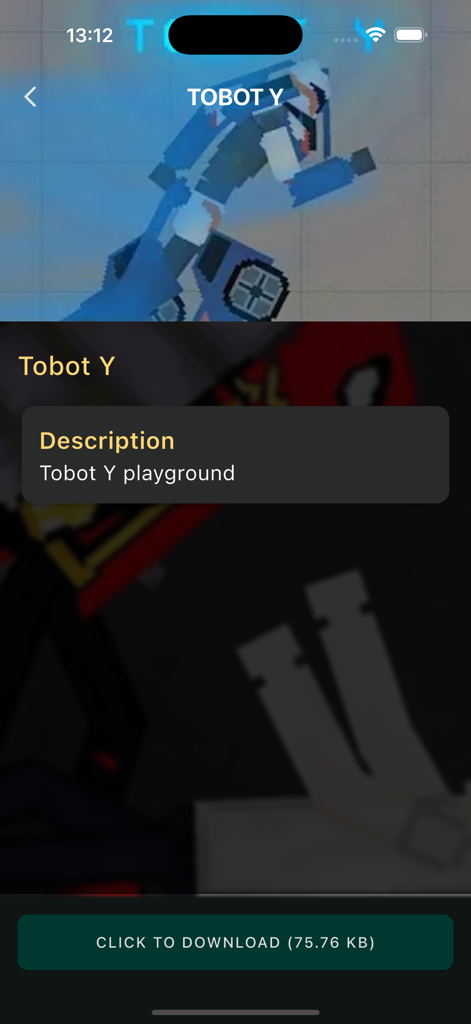 HD Melmods Sandbox Mod - Tobot Y character mod download screen in the HD Melmods Sandbox Mod app