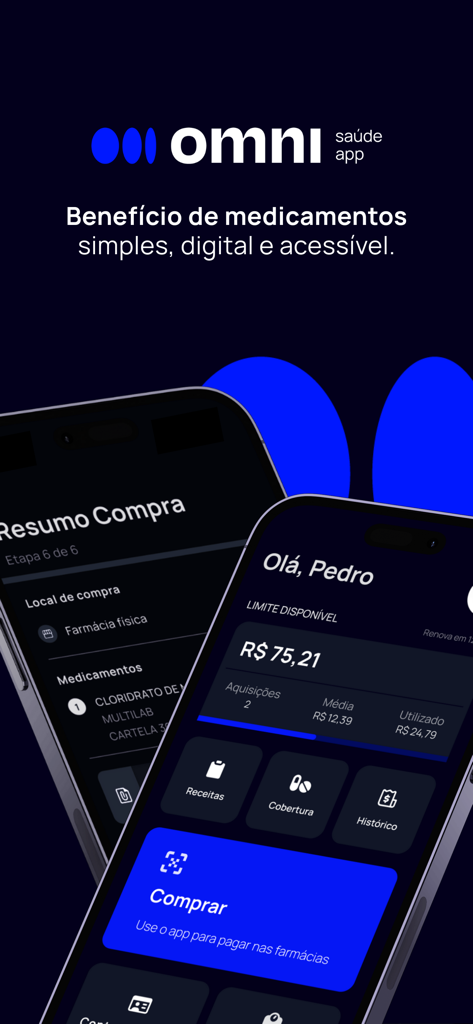 Omni Saúde App - Omni Saudeアプリのダッシュボードに、モバイルフォンインターフェースで薬剤購入の概要と利用可能な支出限度額が表示されています。
