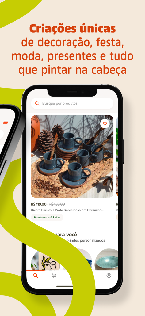 Écran de l'application mobile Elo7 montrant des tasses en céramique artisanales et des produits artisanaux uniques