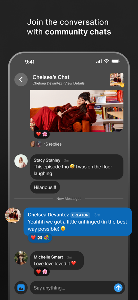 Patreon - A mobile screen showing the Patreon community chat feature where a creator interacts with their fans in a group conversation