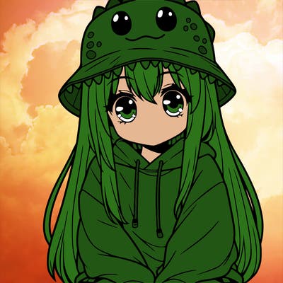 girl with anime shaped eyes with a dinosaur bucket hat oversized sweatshirt long straight hair