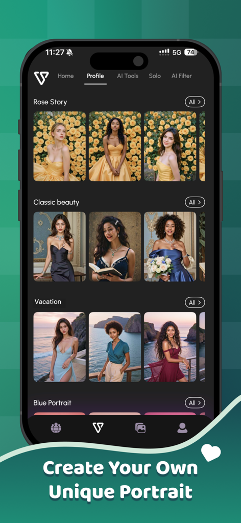 AI Vista - AI Vista app interface showing various AI-generated portrait categories like Rose Story and Classic Beauty