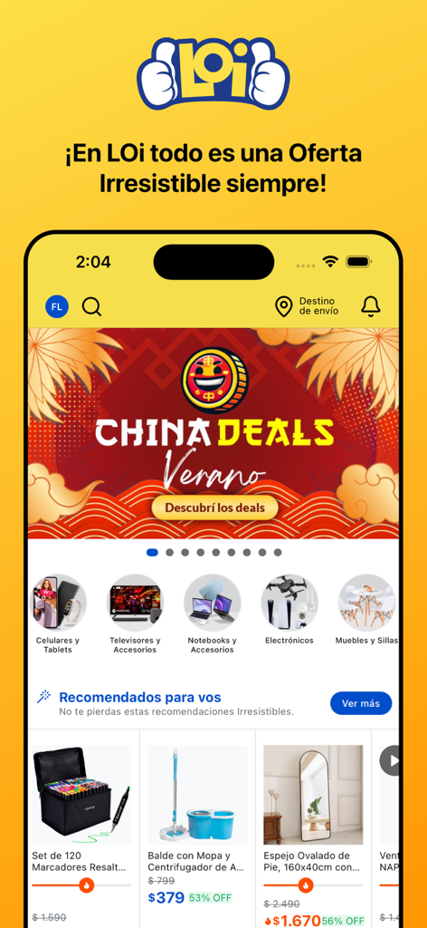 Interfaz de la aplicación de compras LOi que muestra categorías de productos y descuentos de verano en electrónica y artículos para el hogar