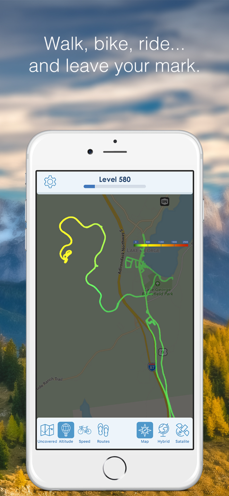 Bildschirm der World Uncovered App mit einer verfolgten GPS-Reiseroute auf einer Karte mit Level-Fortschrittsanzeige.