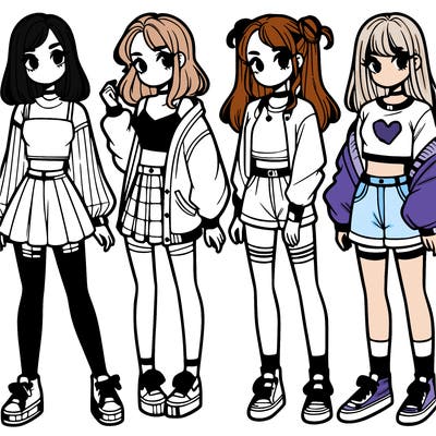 one girl with crop-top shirt and a jacket with a skirt, long socks and another girl with a shirt and pants with a jacket