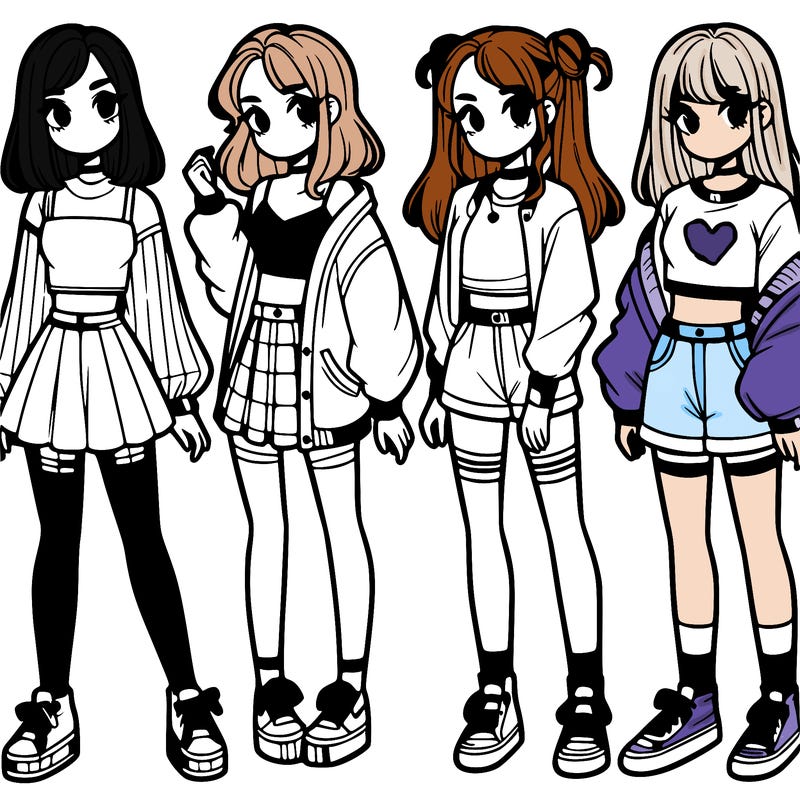 one girl with crop-top shirt and a jacket with a skirt, long socks and another girl with a shirt and pants with a jacket