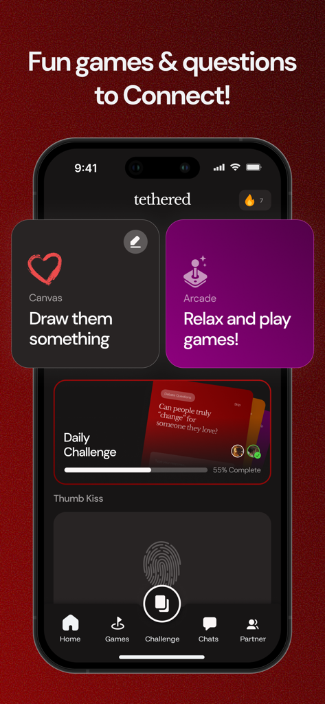 Tethered app interface showing drawing canvas arcade games and daily challenges for couples