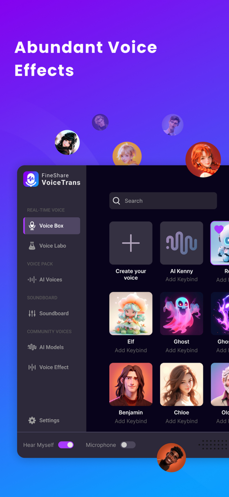 VoiceTrans - AI Voice Changer - Elf Ghost 및 Benjamin을 포함한 다양한 AI 음성 캐릭터 효과를 표시하는 VoiceTrans 앱 인터페이스
