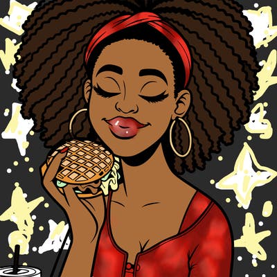 an african american woman eating a waffle burger realistic