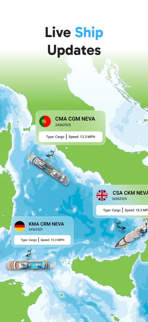 Vessel Tracker : Marine Raddar - Map view of live ship tracking with vessel names and speed details