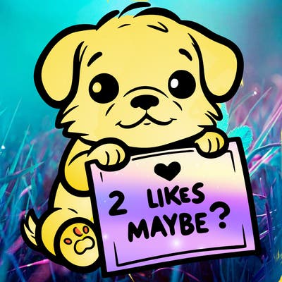 a puppy holding a sign that says 2 likes maybe?