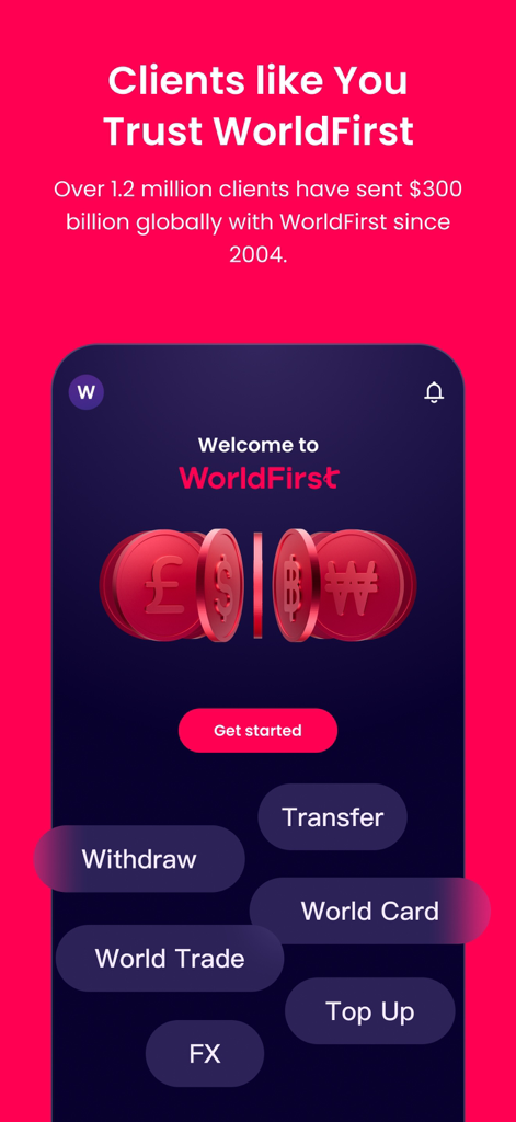 WorldFirst - WorldFirstモバイルアプリのウェルカム画面。国際通貨オプションとビジネスサービスが表示されています。