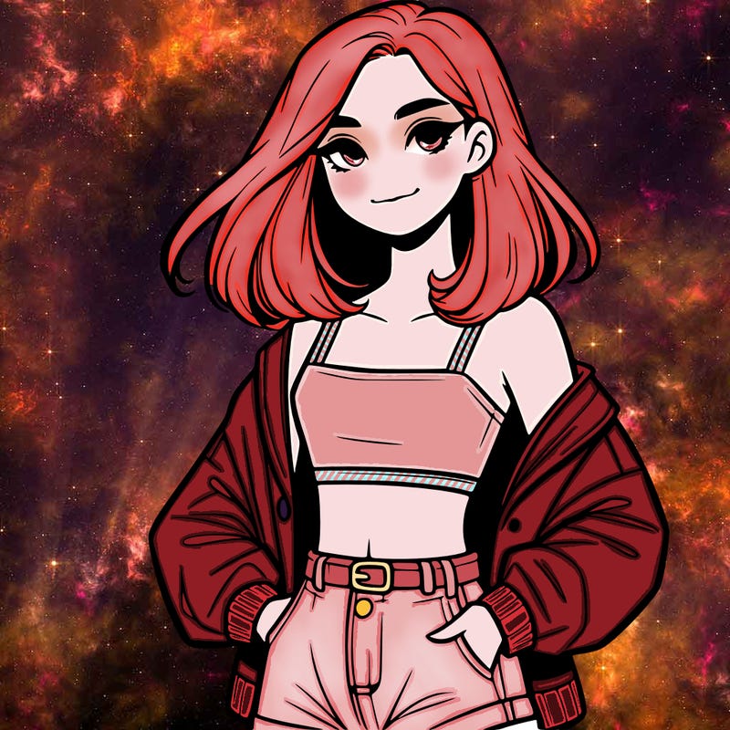 a realistic girl with a crop top and short shorts in an open jacket