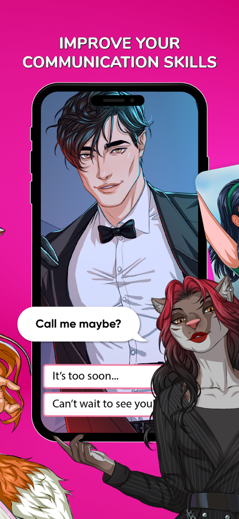A screenshot of the MeChat app showing a male character in a suit and dialogue options to improve communication skills.