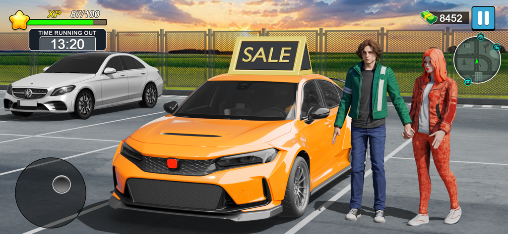 Car dealership simulation game showing characters standing next to a car for sale