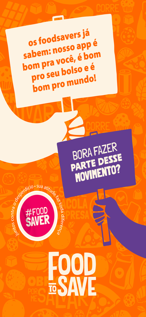 Food To Save: Salve alimentos - Banner promozionale per l'app Food To Save che evidenzia la sostenibilità e i risparmi con uno sfondo di icone di cibo.