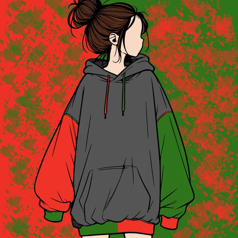 realistic girl with a oversized sweatshirt on and a bun