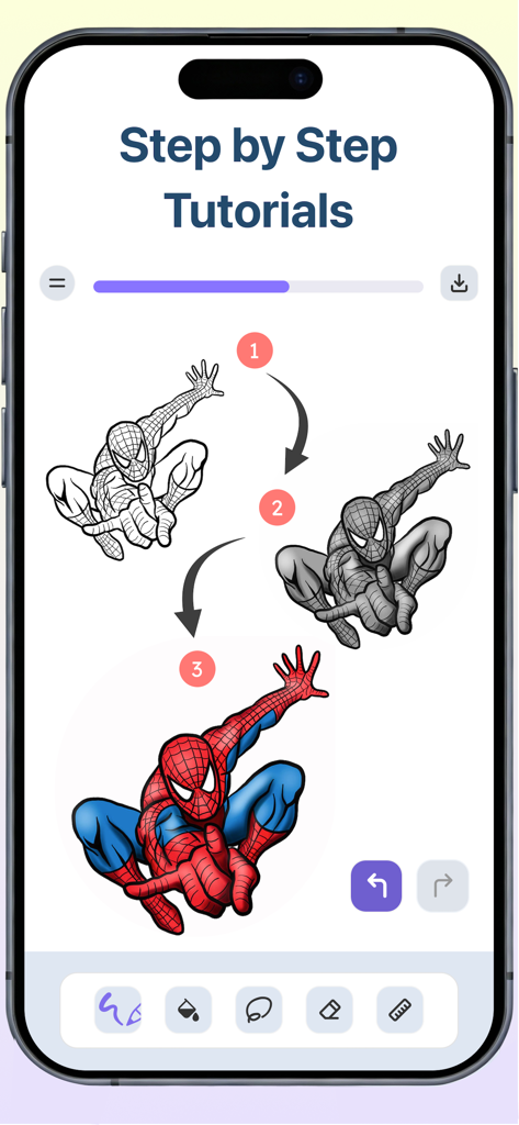 A step by step drawing tutorial of a superhero character from sketch to final color in Drawing Desk app