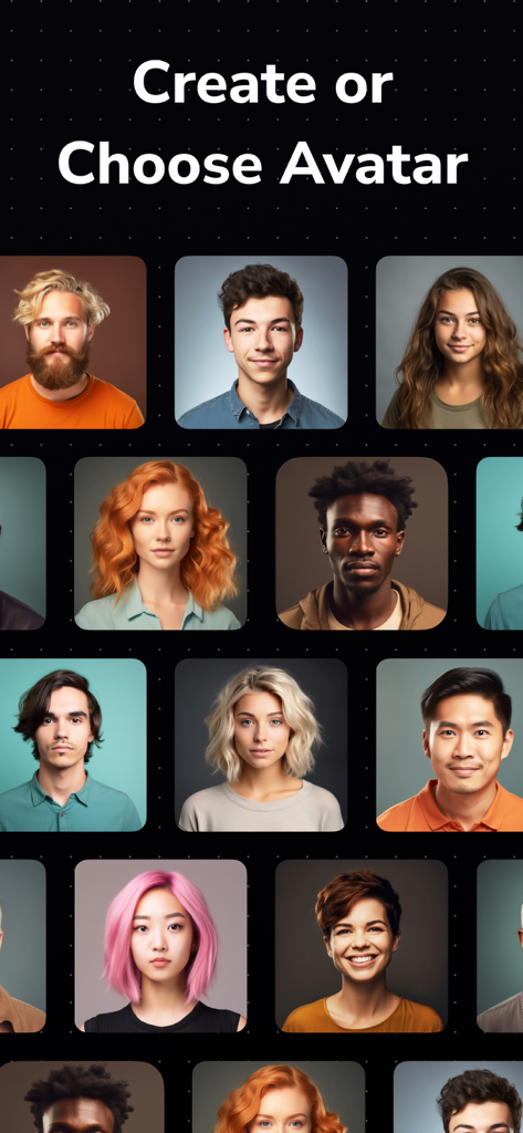 Sintetic - AI Avatar Maker - A grid of diverse AI avatars in the Sintetic app for video creation