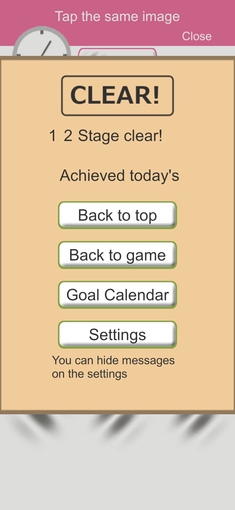 GaborPatchGame - A stage clear screen in the Gabor Patch Game app showing daily goal achievement and menu options