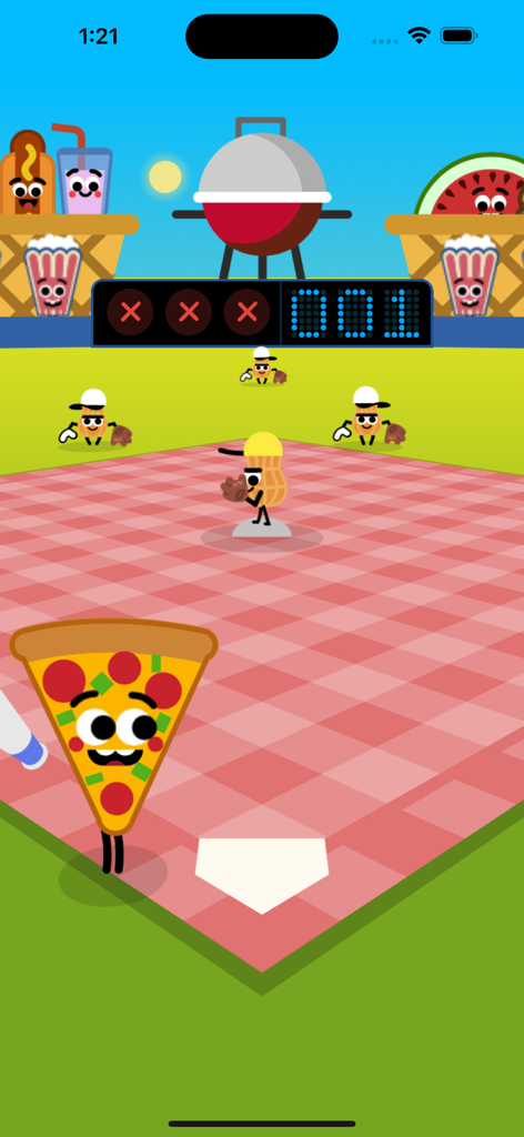 Doodle Baseball Game - A pizza slice character batting in a doodle style baseball game with food themed players on a picnic blanket field.