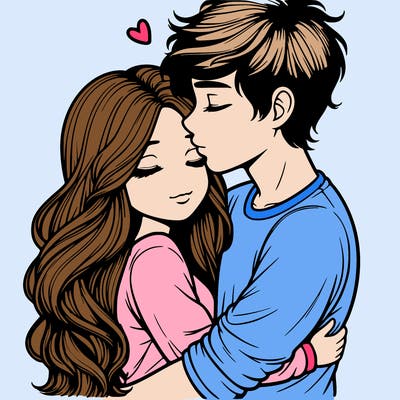 a realistic couple boy and girl hugging and kissing