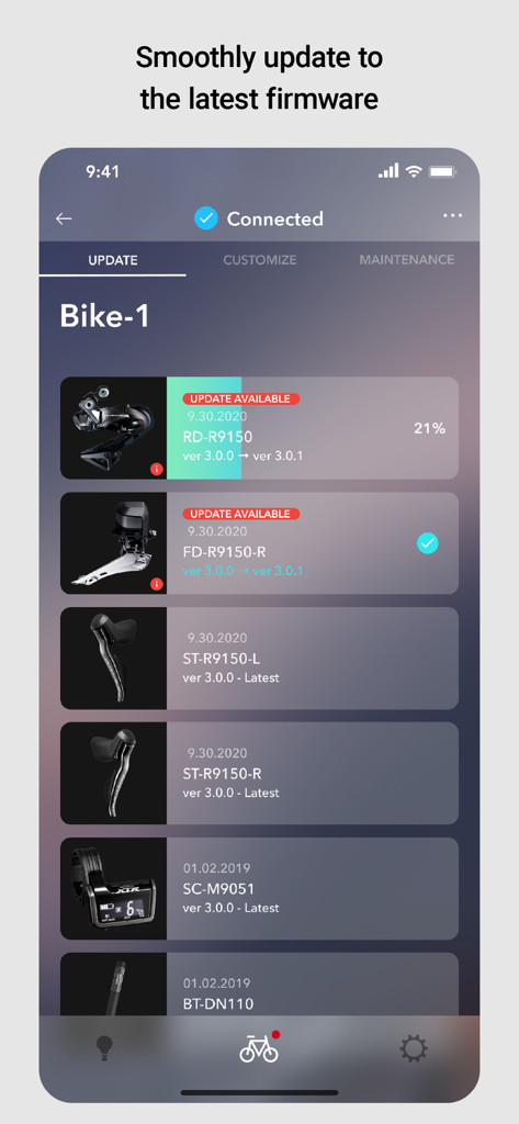 Aplicación Shimano E-TUBE PROJECT Cyclist mostrando el progreso de la actualización del firmware de los componentes de la bicicleta