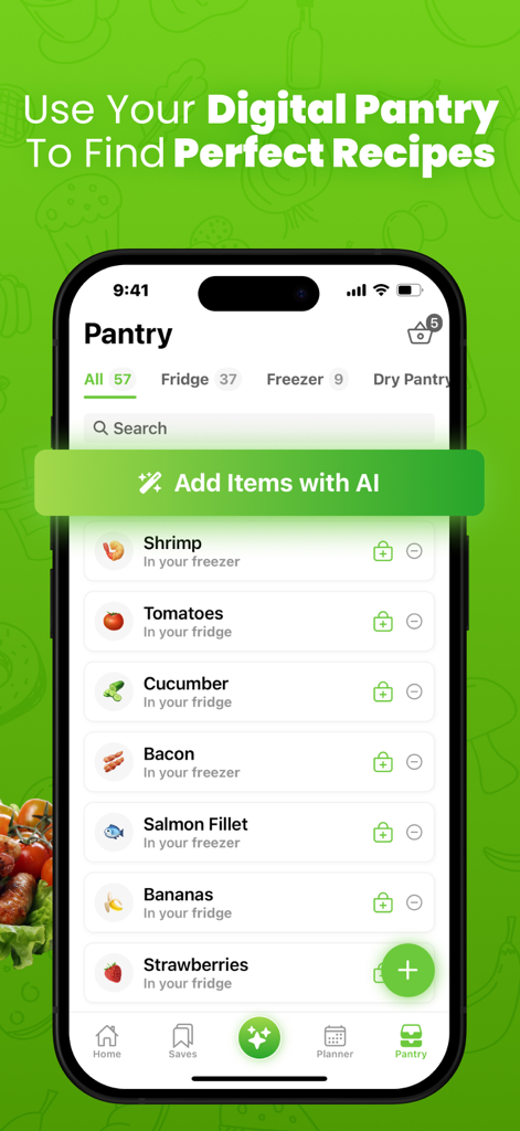 Un smartphone mostrando la pantalla de despensa digital de la aplicación Cookpanion con una lista de ingredientes y la función de IA