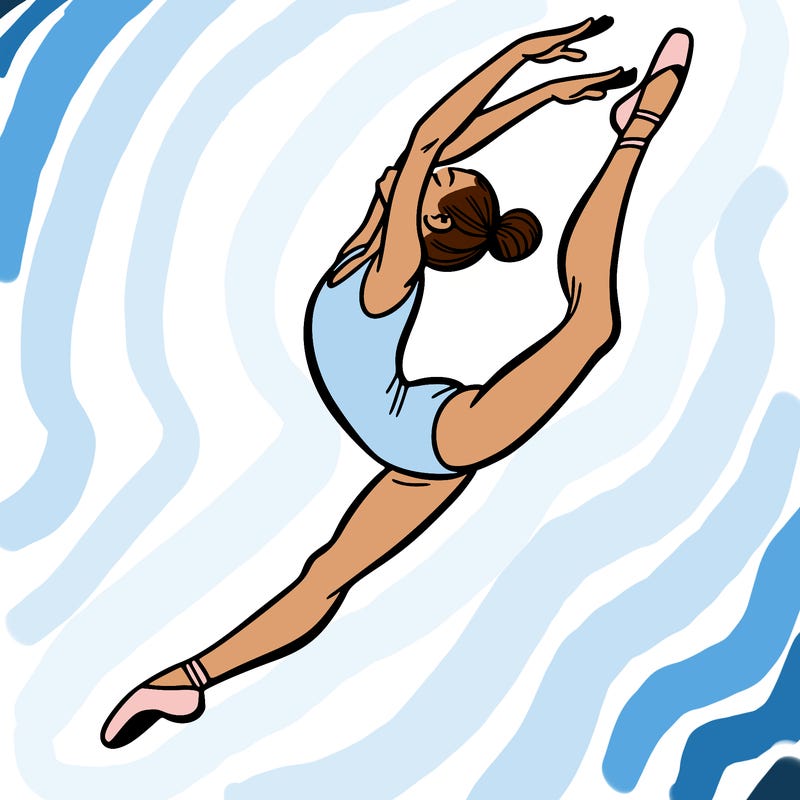 gymnast doing a leap in a leotard with a bent back leg