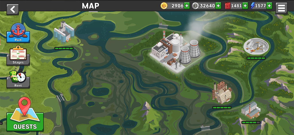 Ship Simulator: Boat Game - Vista de arriba abajo del mapa del juego en Ship Simulator Boat Game que muestra instalaciones industriales y rutas fluviales.