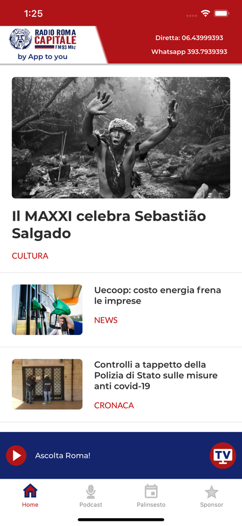 Schermata principale dell'app Radio Roma Capitale che mostra un feed di notizie con sezioni per notizie di cultura e cronache locali