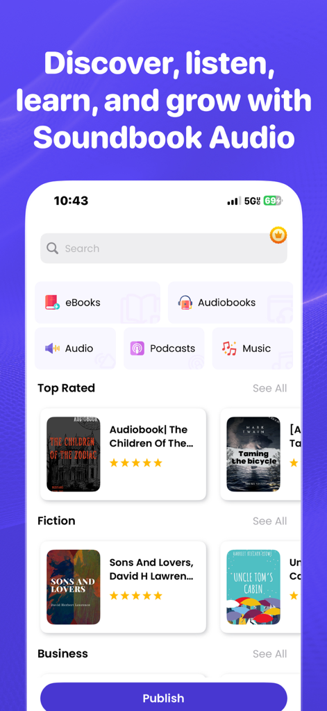 Soundbook Audio: Books & Music - Home screen of the Soundbook Audio app showing categories for ebooks audiobooks and podcasts with a bottom publish button.