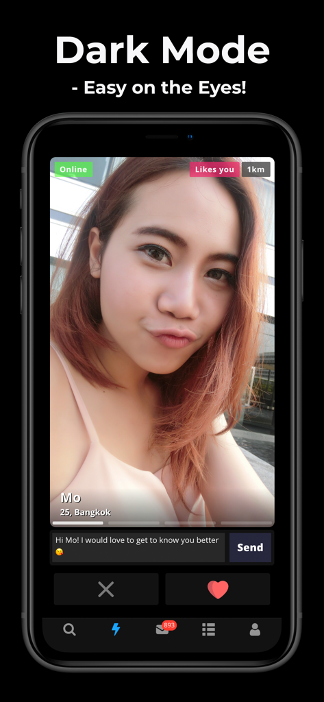 ThaiFriendly Dating - ThaiFriendly dating app profile screen featuring dark mode and user messaging