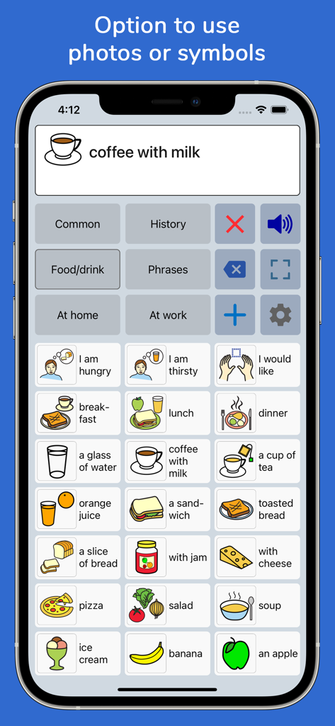 Interfaccia di Speech Assistant AAC che mostra una griglia di simboli di comunicazione per vari alimenti e bevande su un iPhone