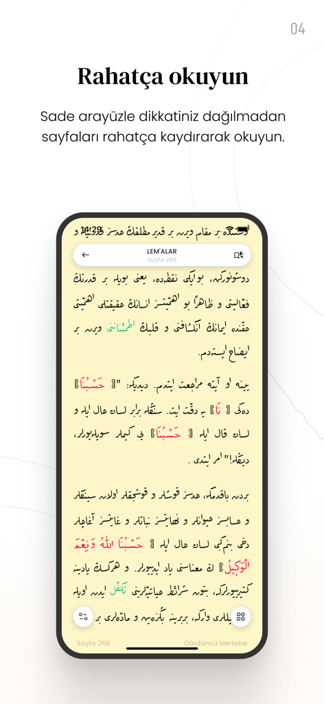 Hayrat Risale-i Nur - Un teléfono inteligente que muestra la vista de lectura de la aplicación Hayrat Risale-i Nur con texto turco otomano sobre un fondo de color crema.