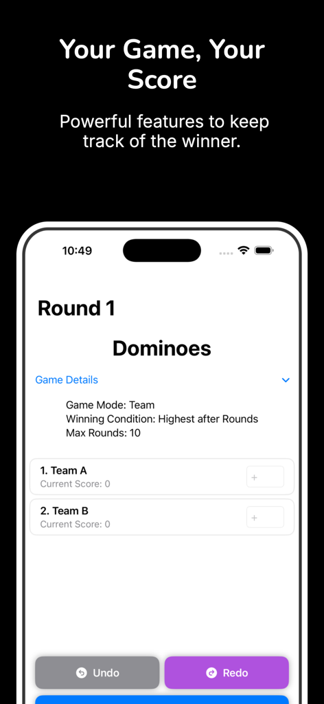 Universal Score Keeper - Universal Score Keeper mobile app interface displaying round one of a dominoes match with team scoring