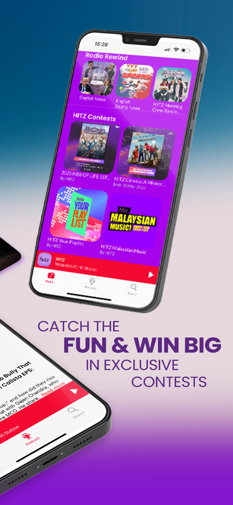 HITZ app interface showing radio rewinds, exclusive contests, and music playlists.