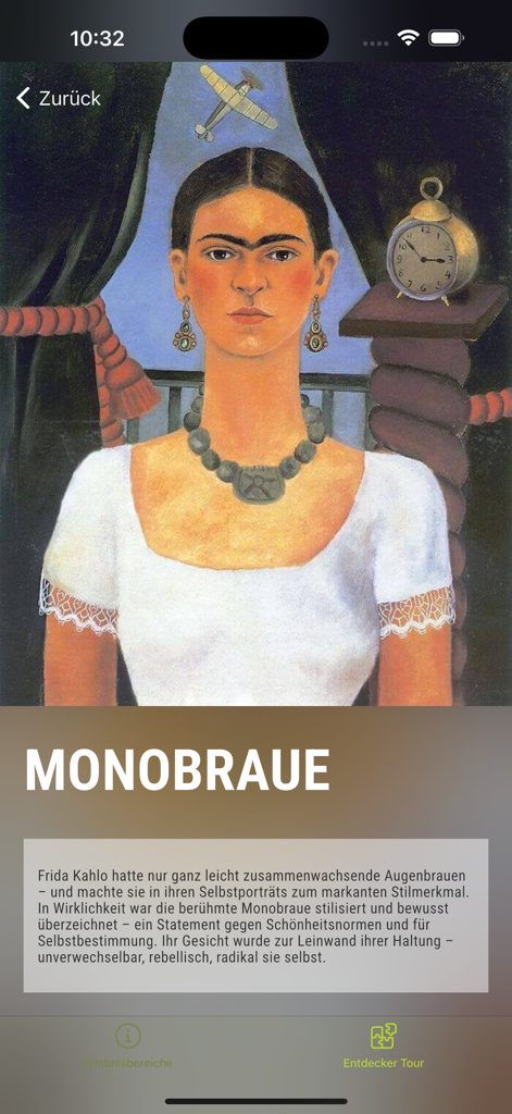 Alegria Exhibition - Mobile app screenshot showing a portrait of Frida Kahlo with educational text about her monobrow.