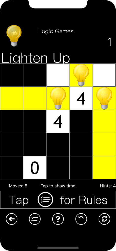100 Logic Games - Time Killers - Screenshot of the Lighten Up game mode in 100 Logic Games featuring a logic grid with light bulbs and numbered squares