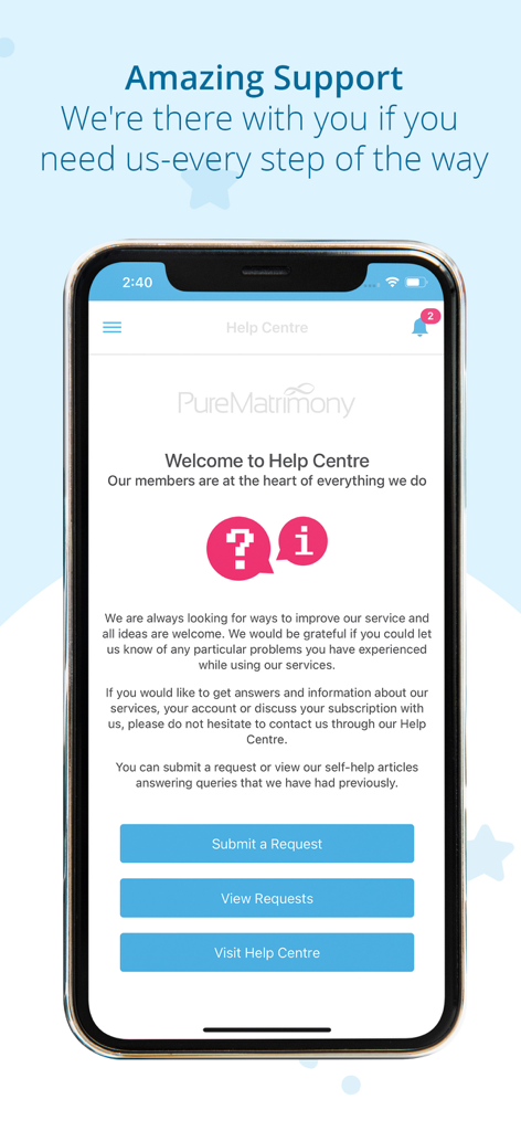 Pure Matrimony app Help Center screen with support request buttons