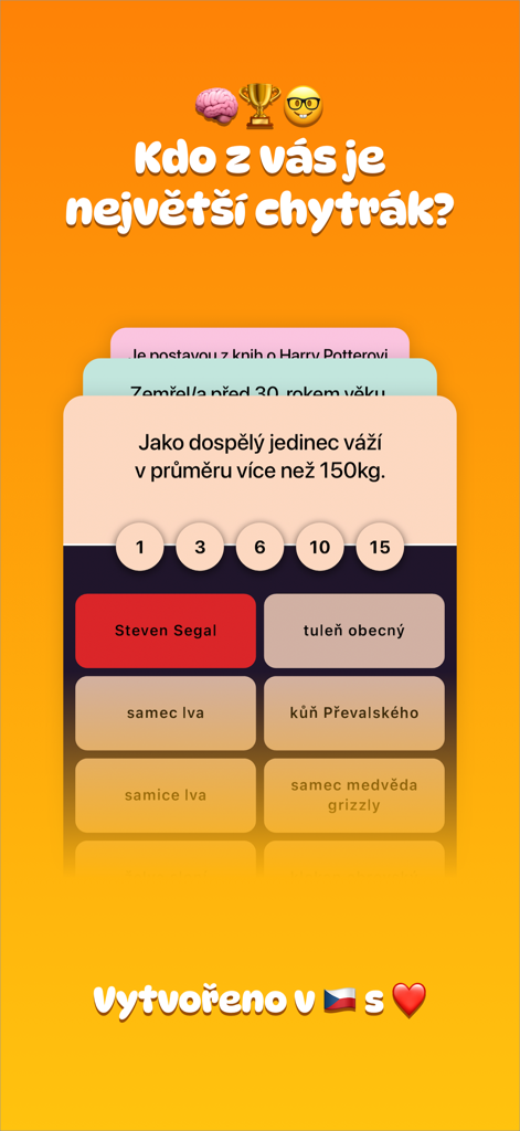 Chytrák - vědomostní kvíz - A screenshot of the Chytrák knowledge quiz app showing a trivia question about animal weights with multiple choice answer cards on a yellow background