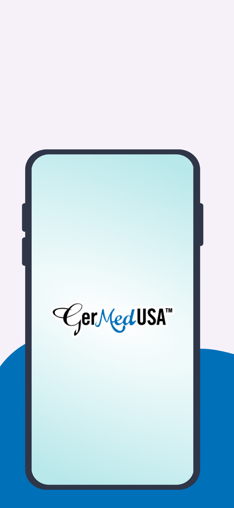 GerMedUSA Chatbot app splash screen displaying the company logo on a mobile phone.