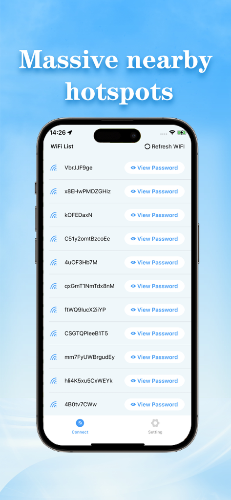 WiFi Radar -Nearby Hotspots - iPhone screenshot of the WiFi Radar app displaying a list of nearby wireless hotspots and passwords